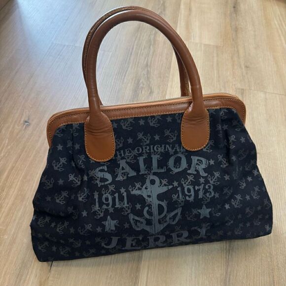 Sailor Jerry Artisan Crafted Blue Brown Leather Handle Tooled Shoulder Bag Purse - Picture 9 of 9